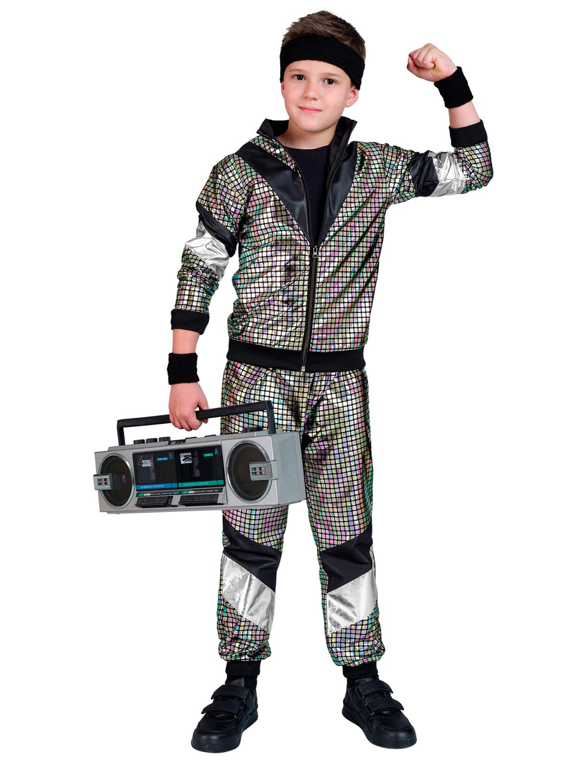 Déguisement jogging disco années 80 pour enfant argenté et noir à motifs brillants