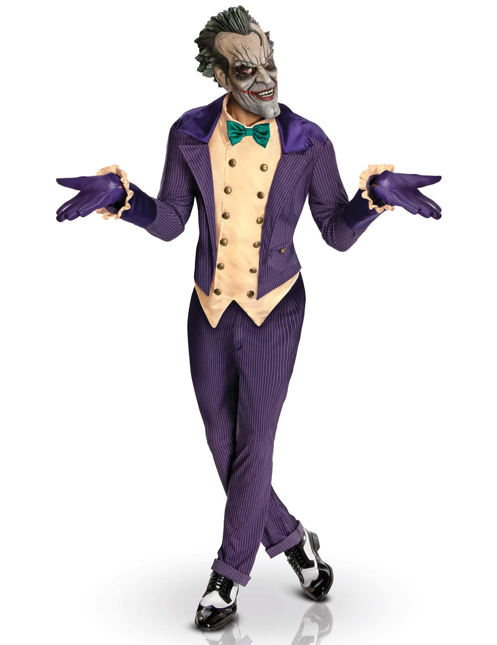 Kostým Joker™ Arkham City™ pre dospelého fialová s pruhmi s maskou a žltá vestou