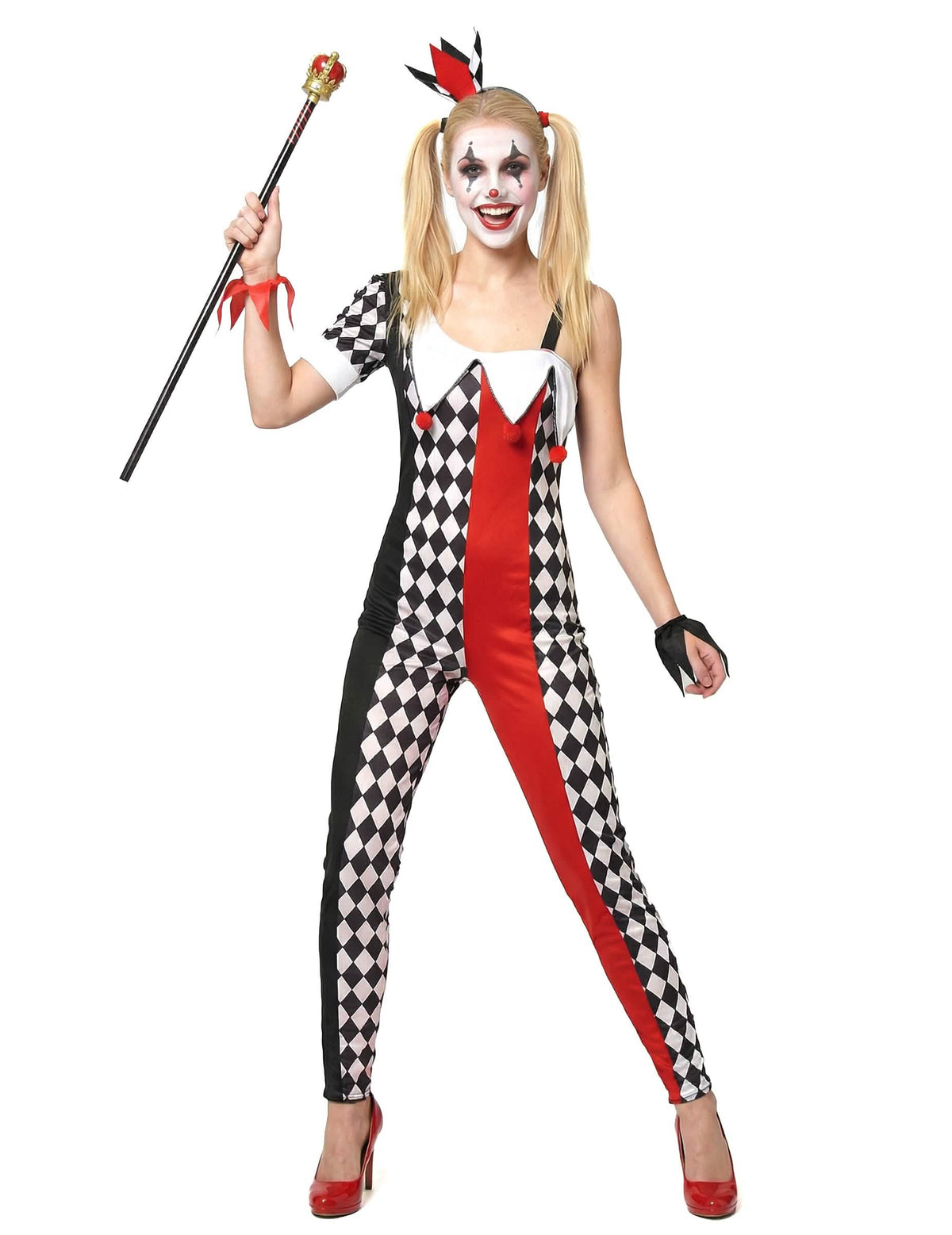 Joker kostým pre ženu červená, čierna a biela s kosoštvorcami