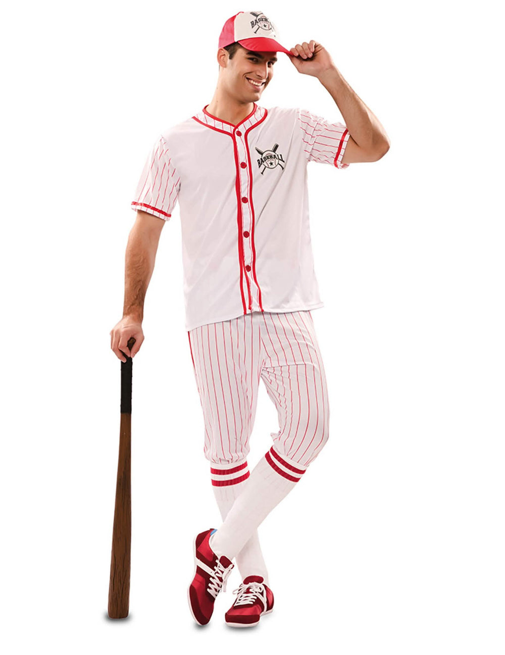 Kostým baseballového hráča pre muža biela a červená prúžkovaný s čiapkou