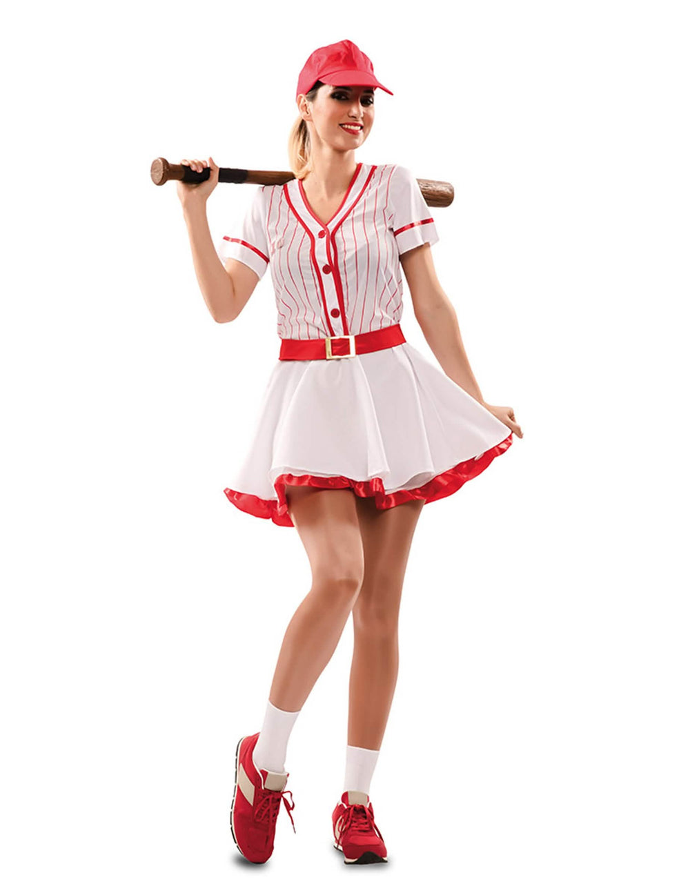 Kostým hráčky baseballu pre ženu biela a červená s čiapkou