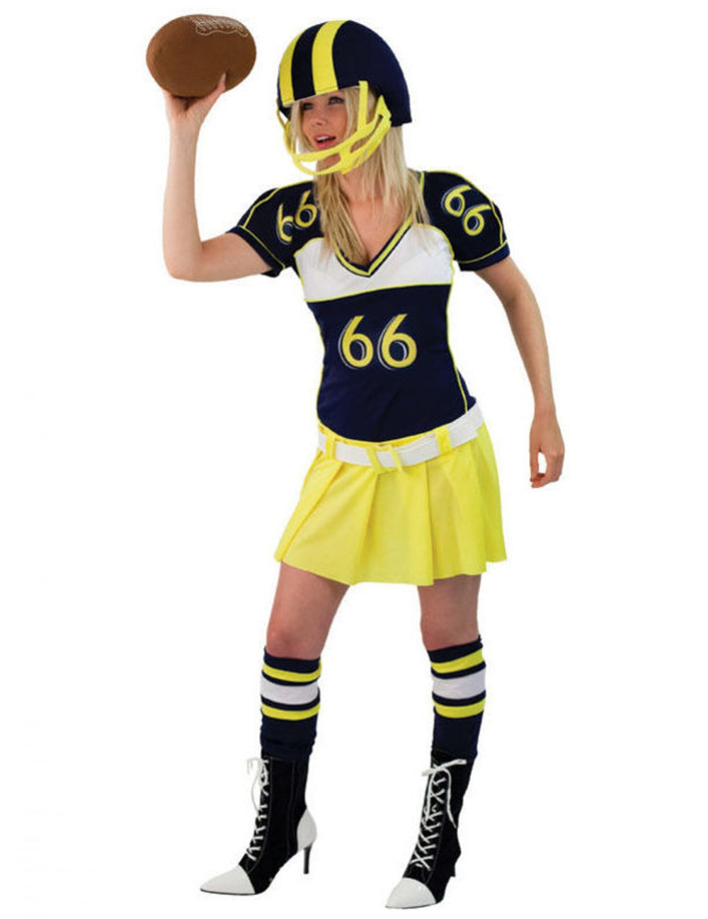 Déguisement de joueuse football américain pour femme jaune et bleu avec casque et ballon