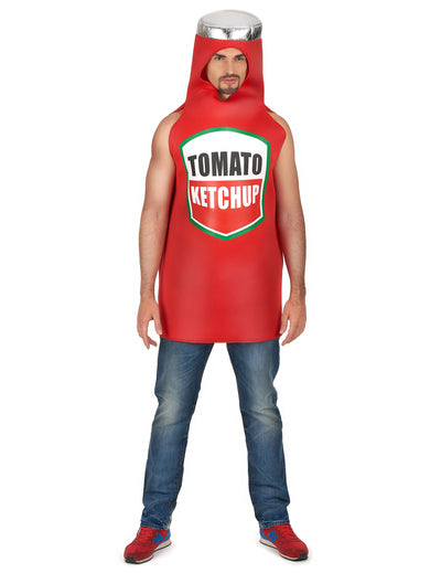 Déguisement de ketchup pour adulte rouge avec logo et bouchon argenté