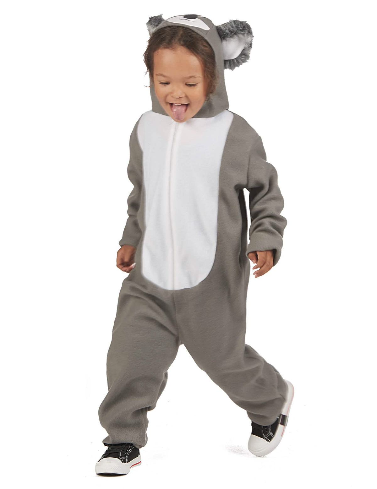 Kostým koala pre dieťa sivá a biela s kapucňou s ušami