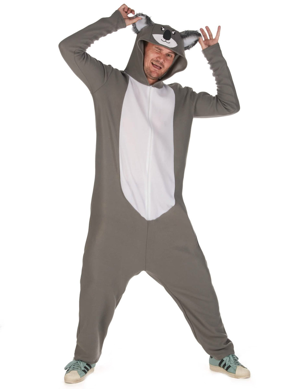 Kostým koaly pre muž sivá a biela s kapucňou