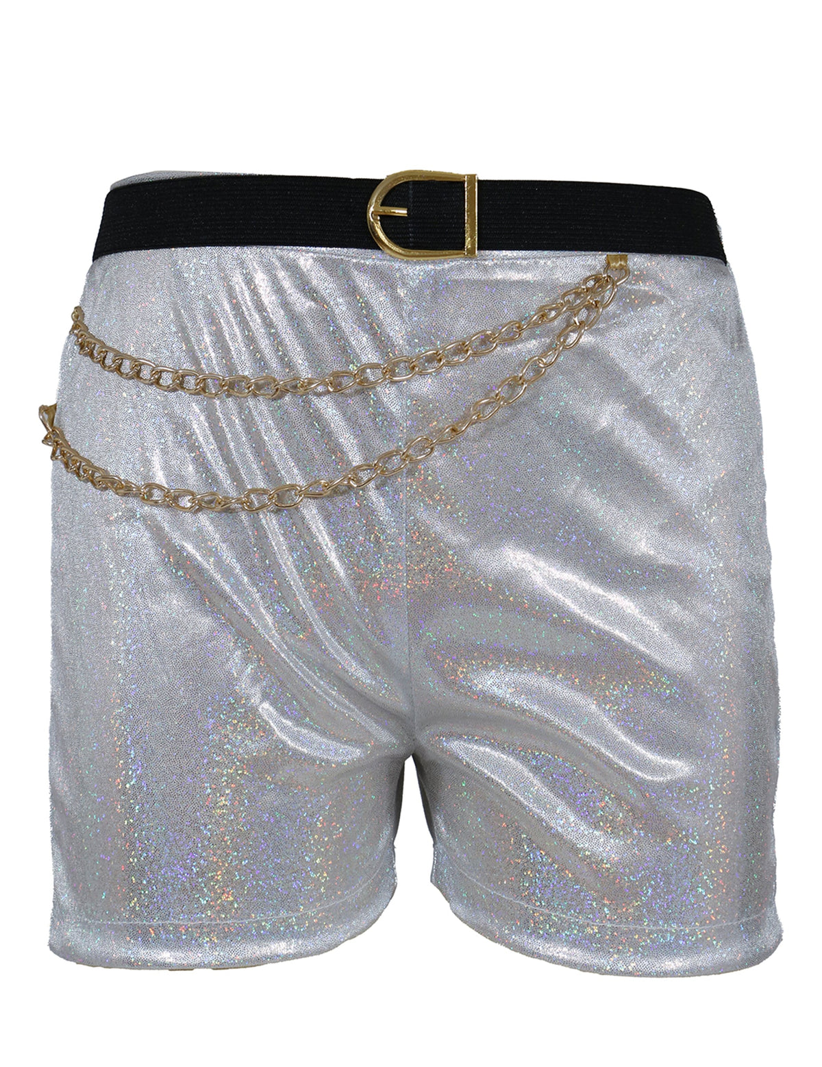 Short iridescent argenté avec ceinture noire et chaînes dorées du déguisement de star de K-pop