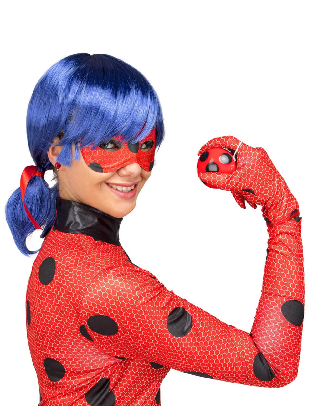 Bočný pohľad s maskou a parochňou kompletného kostýmu Ladybug Miraculous