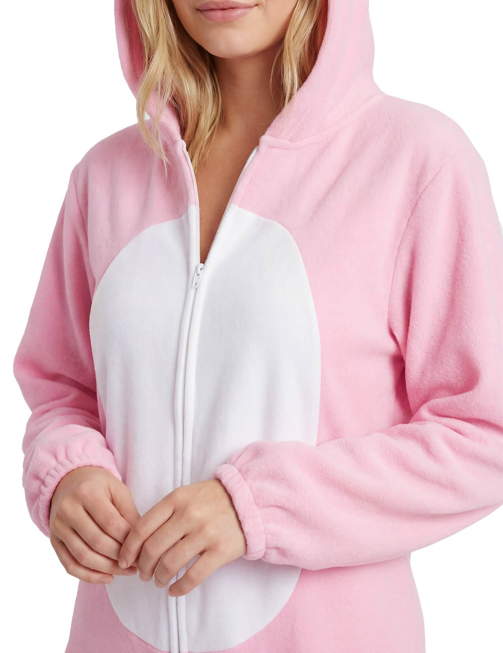 Detailný záber na trup a zips králičieho kostýmu pre ženu