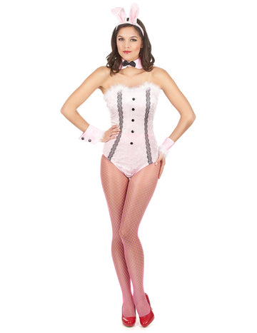 Déguisement lapin bustier sexy pour femme rose et blanc avec dentelle noire