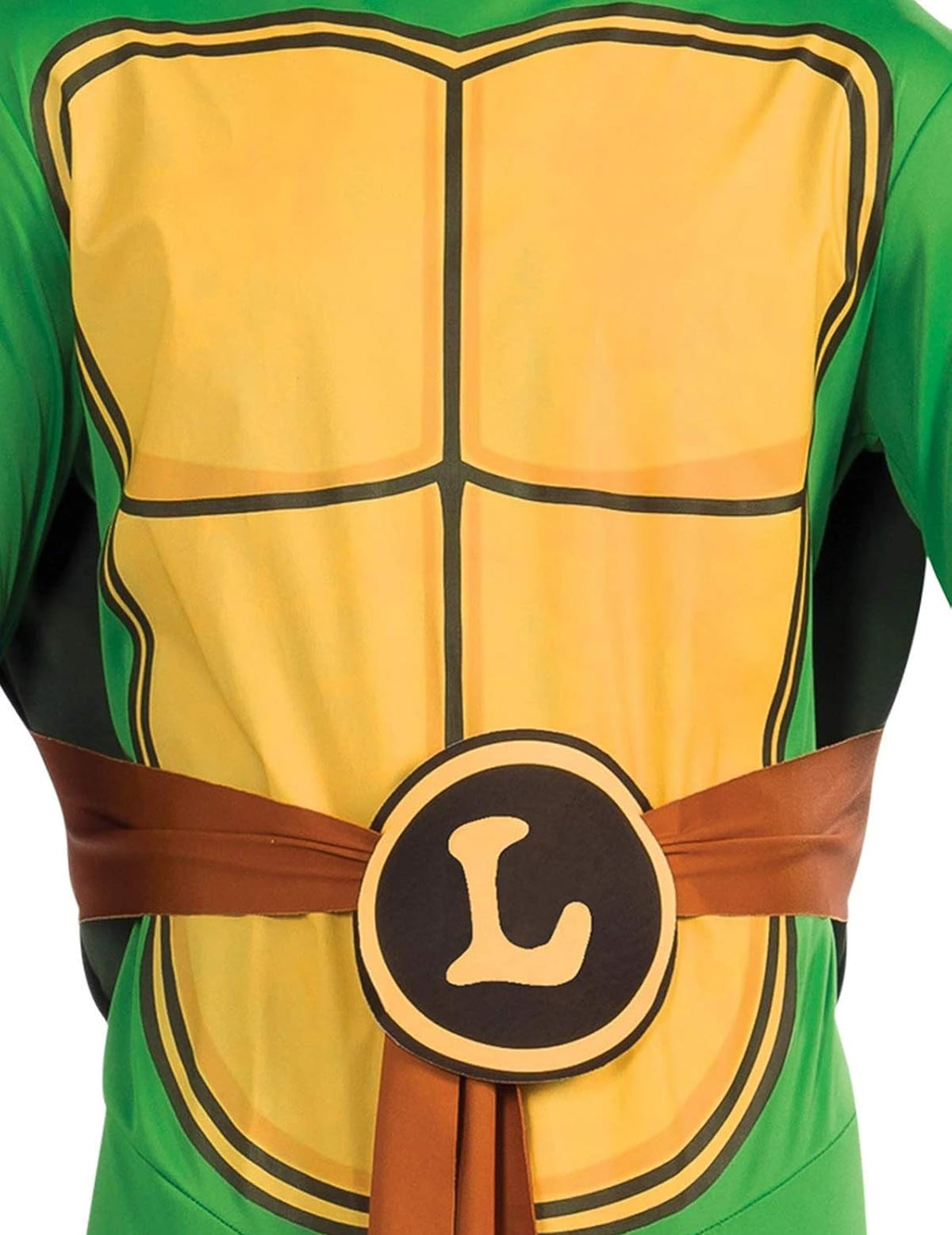 Gros plan sur la ceinture et le plastron du déguisement Leonardo Tortues Ninja classique