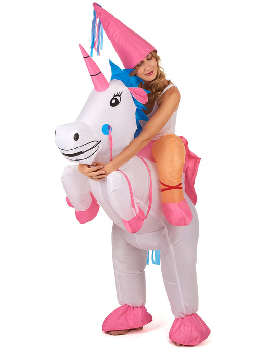 Vue de profil du déguisement gonflable de licorne pour adulte