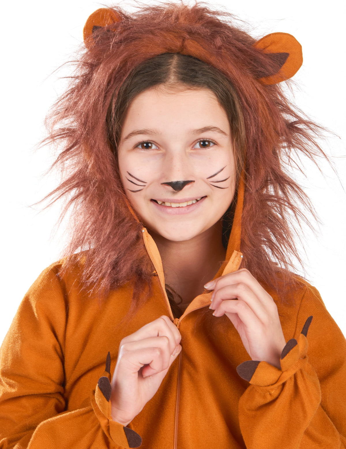 Détail de la capuche et de la fermeture éclair du déguisement de lion effet polaire pour enfant