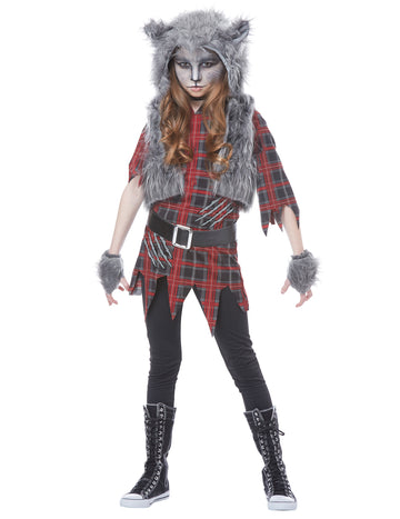 Déguisement loup garou luxe pour fille rouge et gris avec fourrure