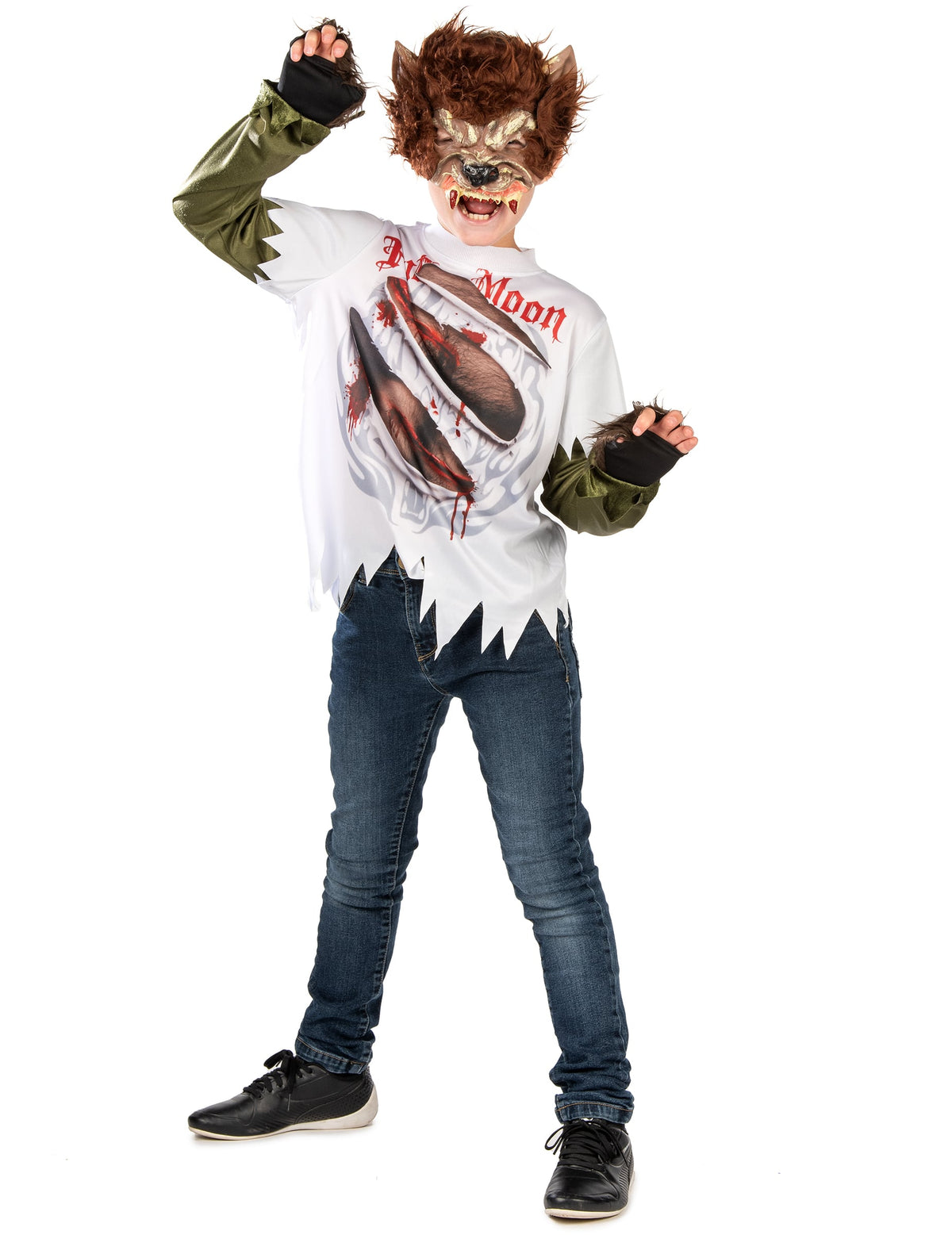 Déguisement de loup-garou pour enfant avec masque en fourrure marron et t-shirt blanc déchiré