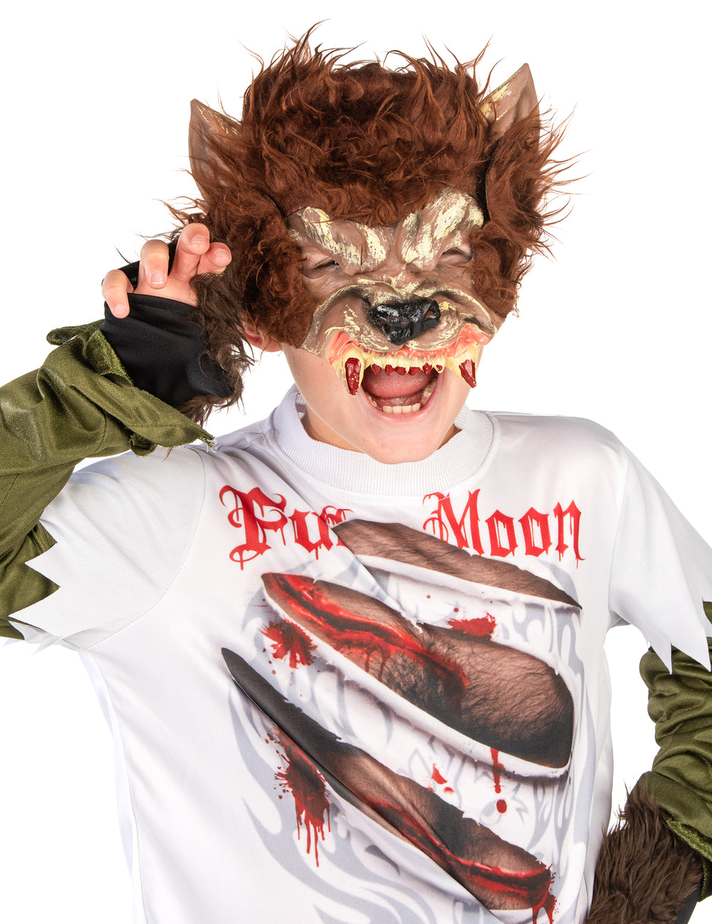 Gros plan sur le masque et le haut du déguisement de loup-garou pour enfant