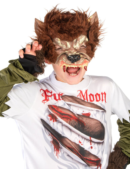 Gros plan sur le masque et le buste du déguisement Loup-Garou pour enfant