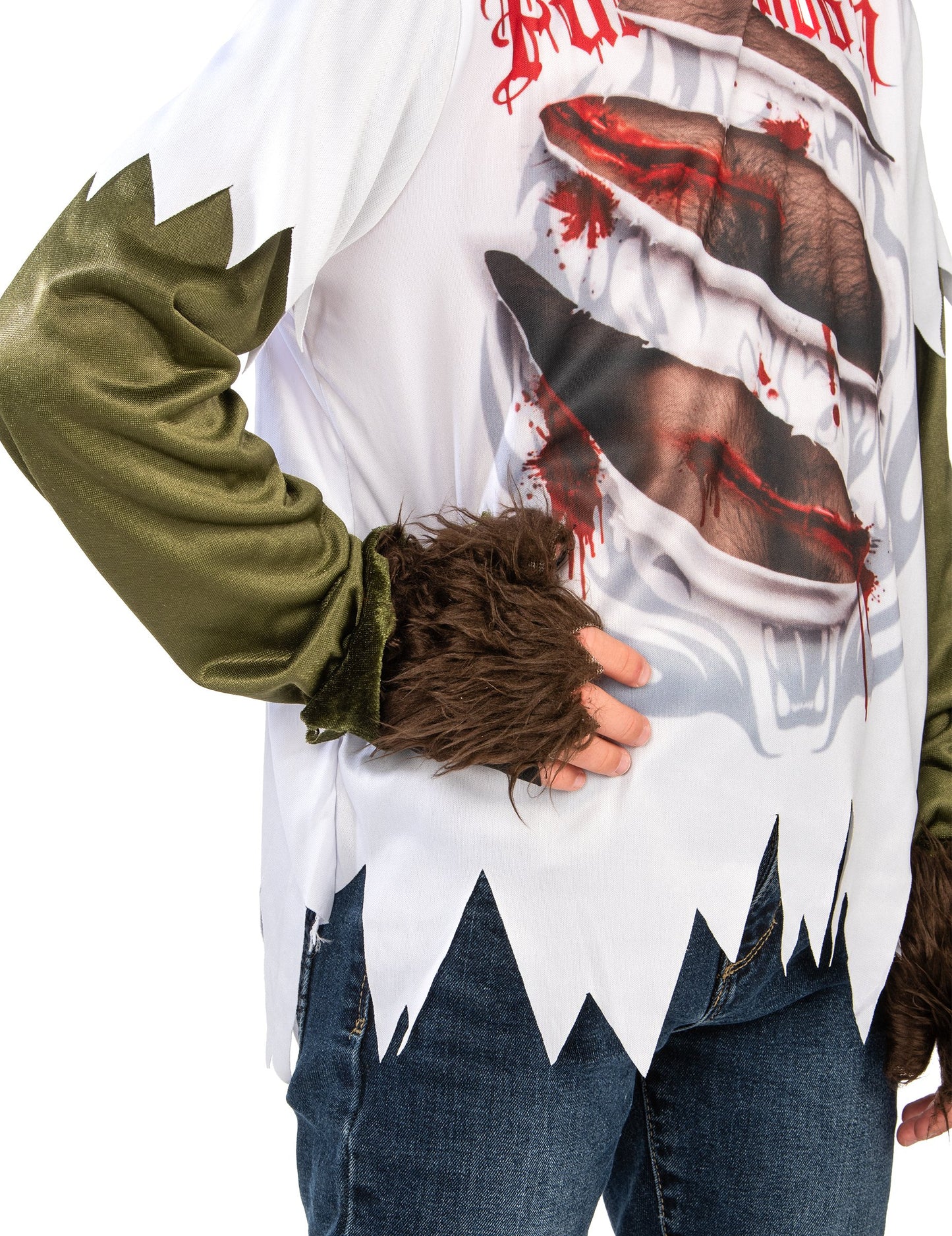 Détail de la main en fourrure et des griffures du déguisement Loup-Garou pour enfant