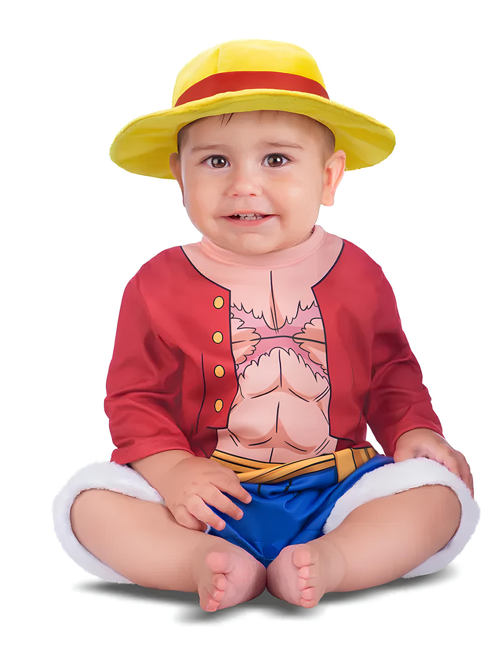 Déguisement Luffy One Piece™ pour bébé rouge et bleu avec chapeau de paille