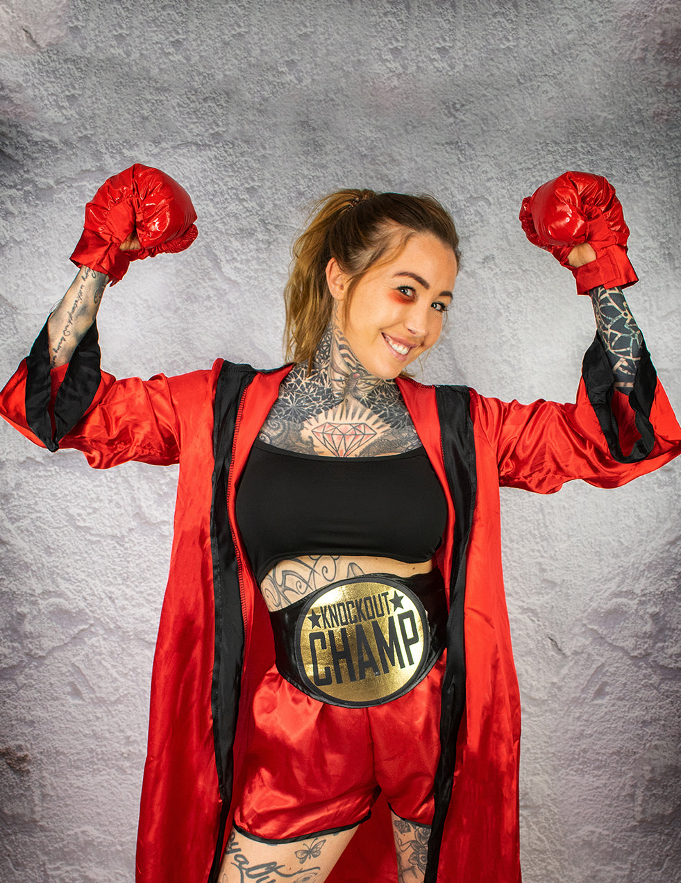 Vue de face du déguisement de boxeuse pour femme rouge