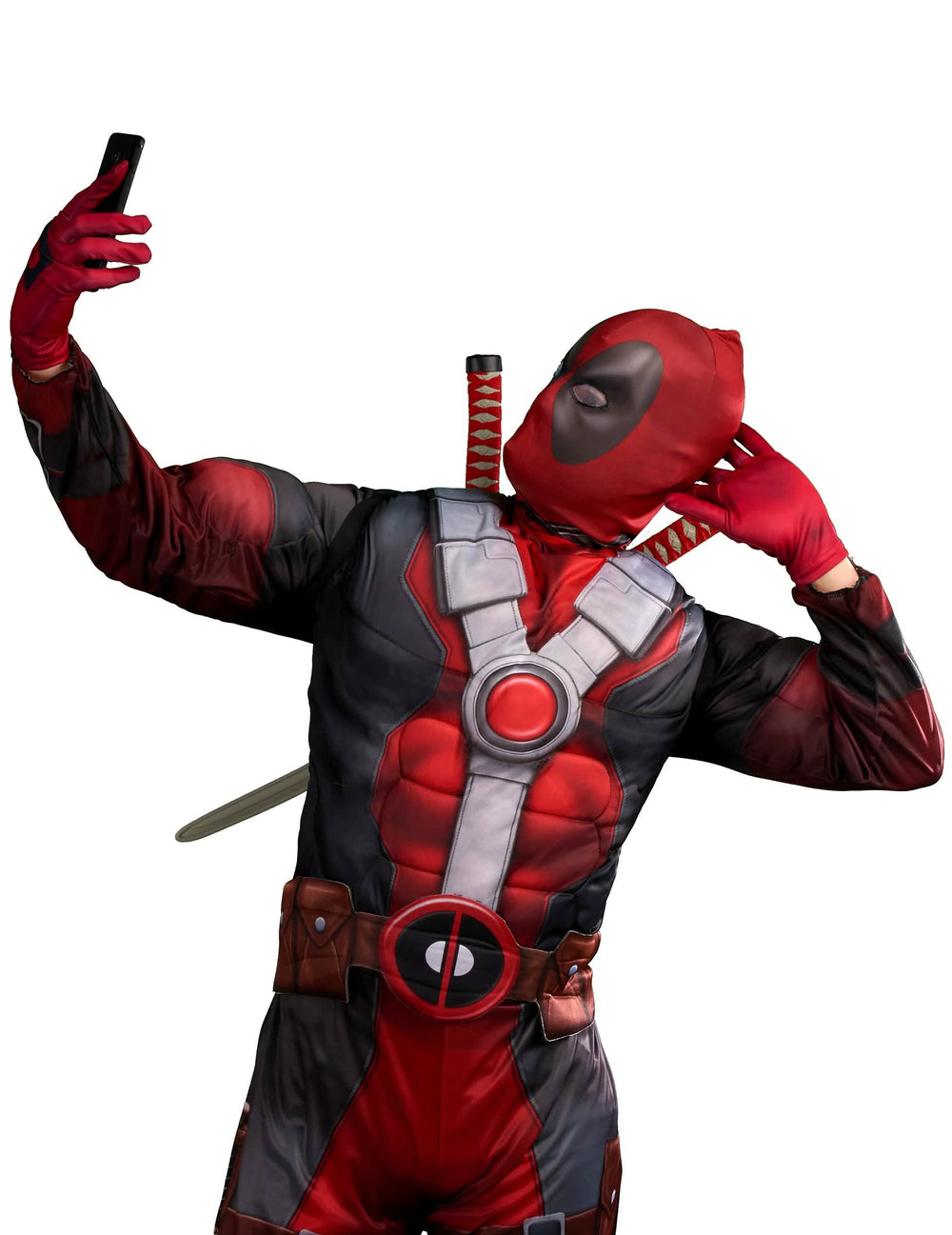 Pohľad na hruď a masku luxusného kostýmu Deadpool 2™