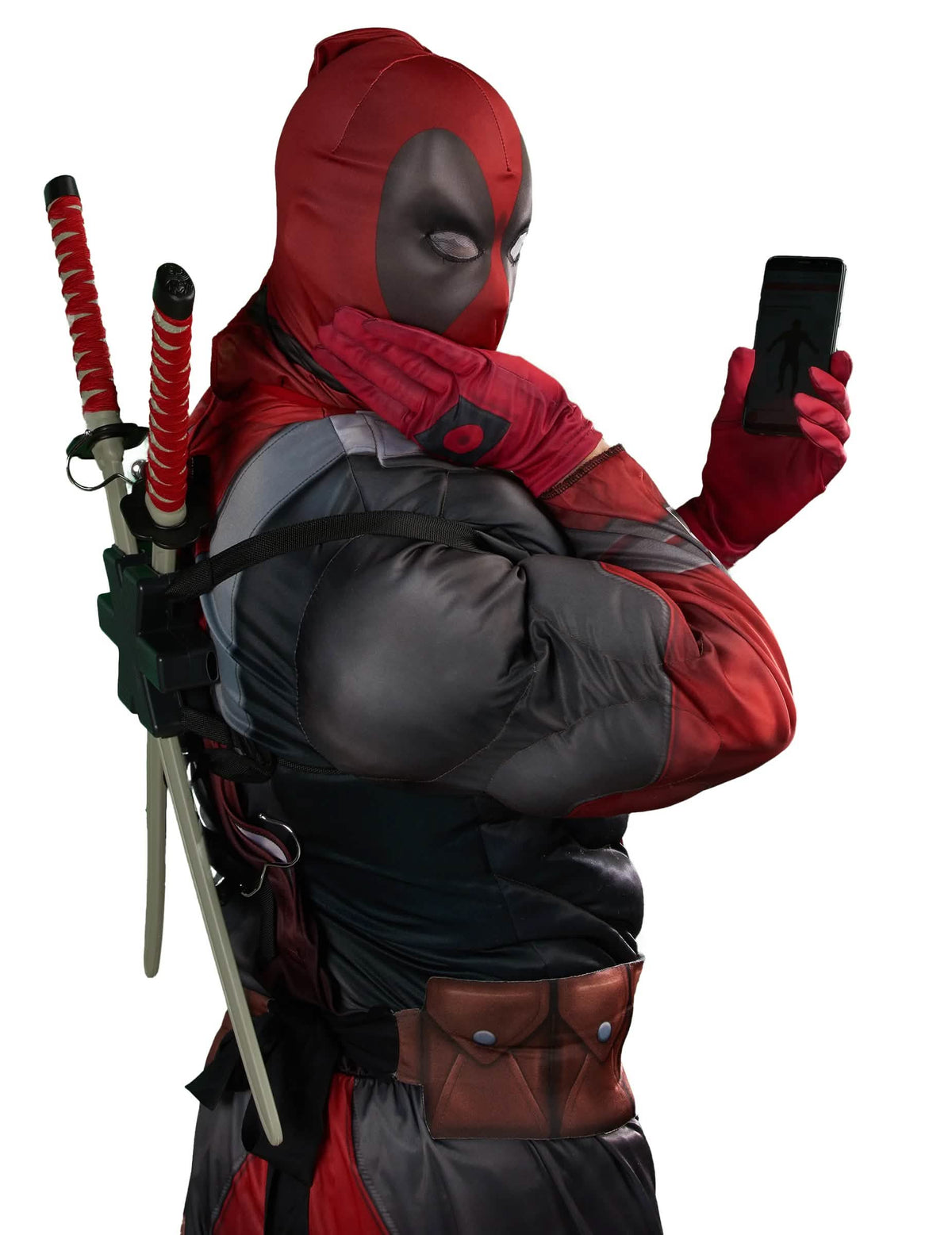 Bočný pohľad s katanami na luxusnom kostýme Deadpool 2™
