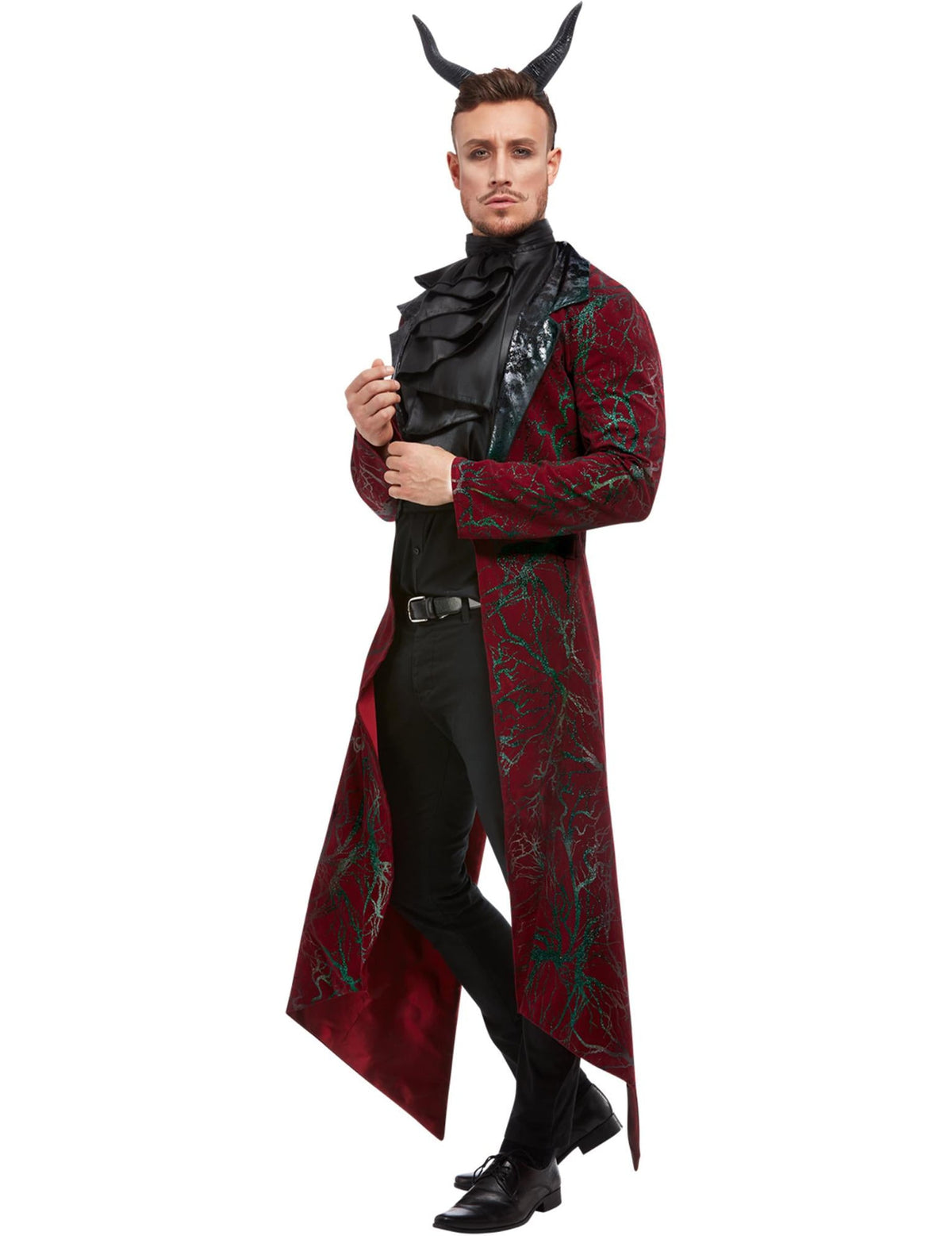 Déguisement de luxe diable pour homme bordeaux et noir avec cornes