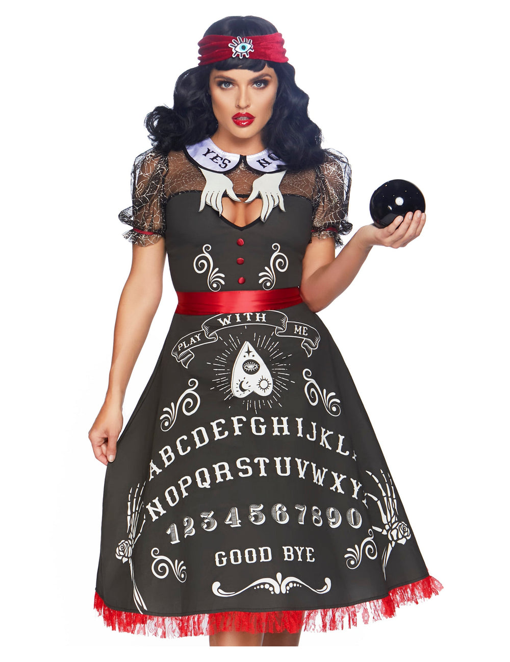 Déguisement luxe diseuse de bonne aventure pour femme noir et rouge avec motifs planche de Ouija