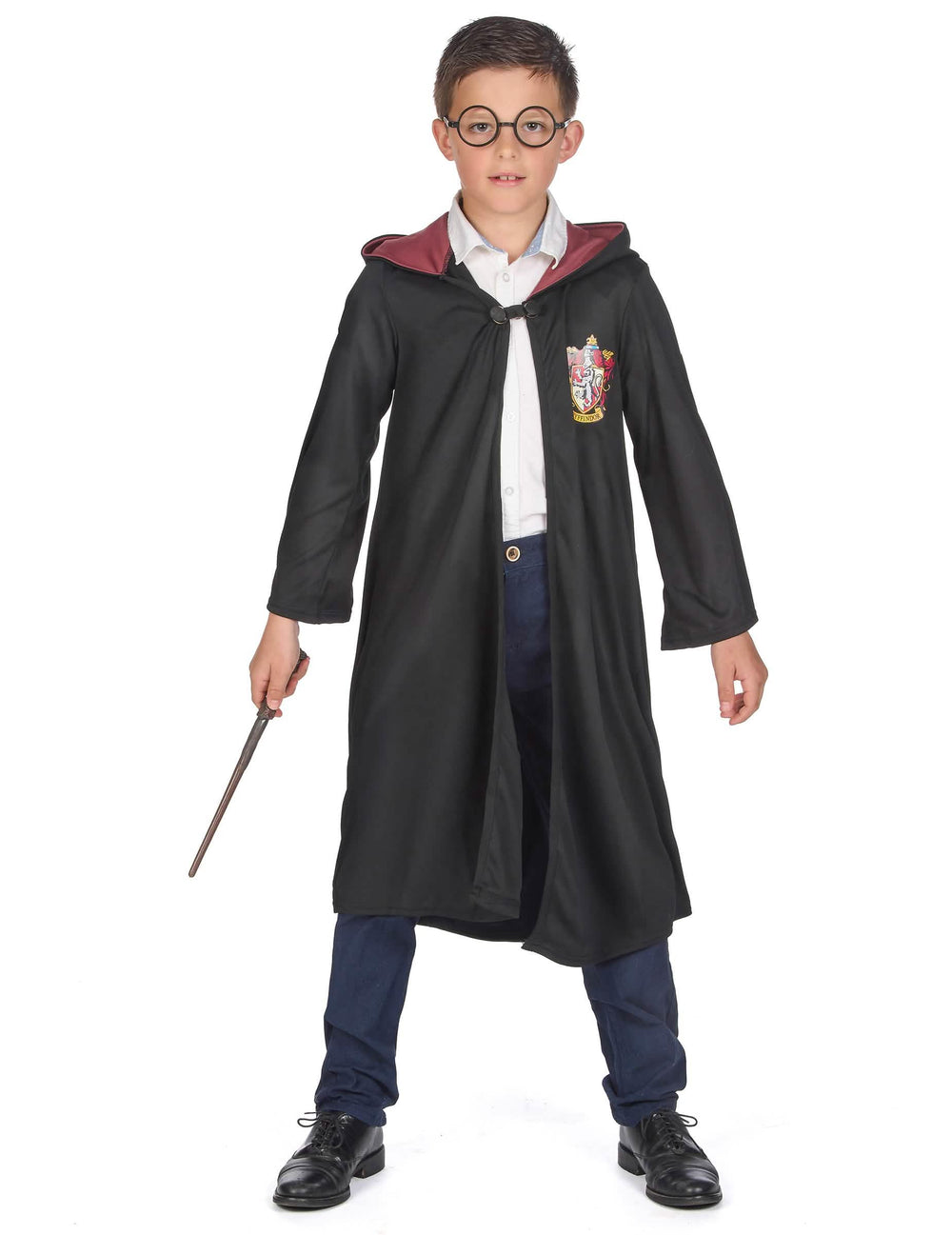 Pohľad spredu s paličkou a okuliarmi k luxusnému kostýmu róby čarodejníka z Rokfortu Harry Potter
