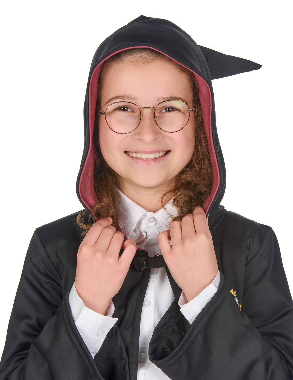 Detail tváre s okuliarmi a kapucňou luxusného kostýmu hábitu čarodejníka Gryffindor Harry Potter