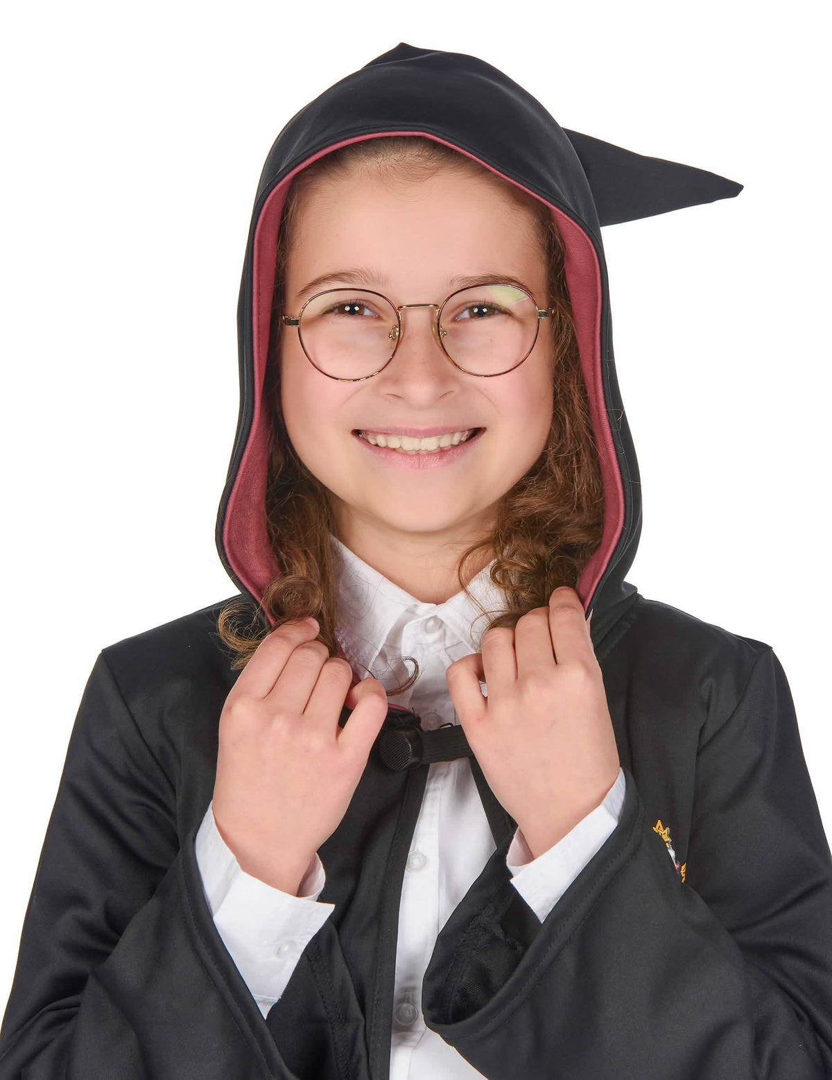 Detail tváre s okuliarmi a kapucňou luxusného kostýmu hábitu čarodejníka Gryffindor Harry Potter