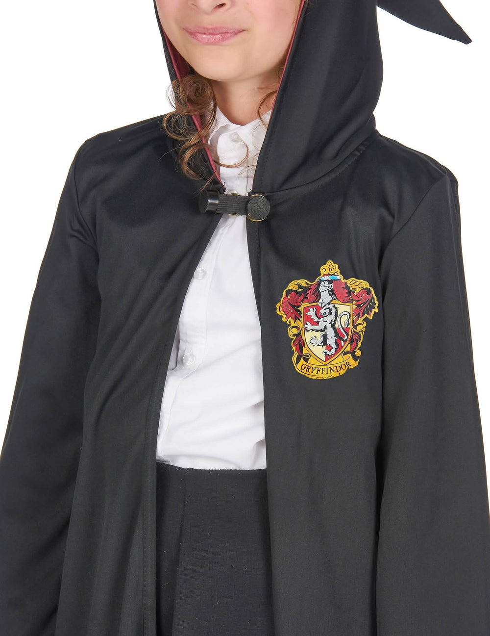 Detail erbu a zapínania luxusného kostýmu plášť čarodejníka Gryffindor Harry Potter