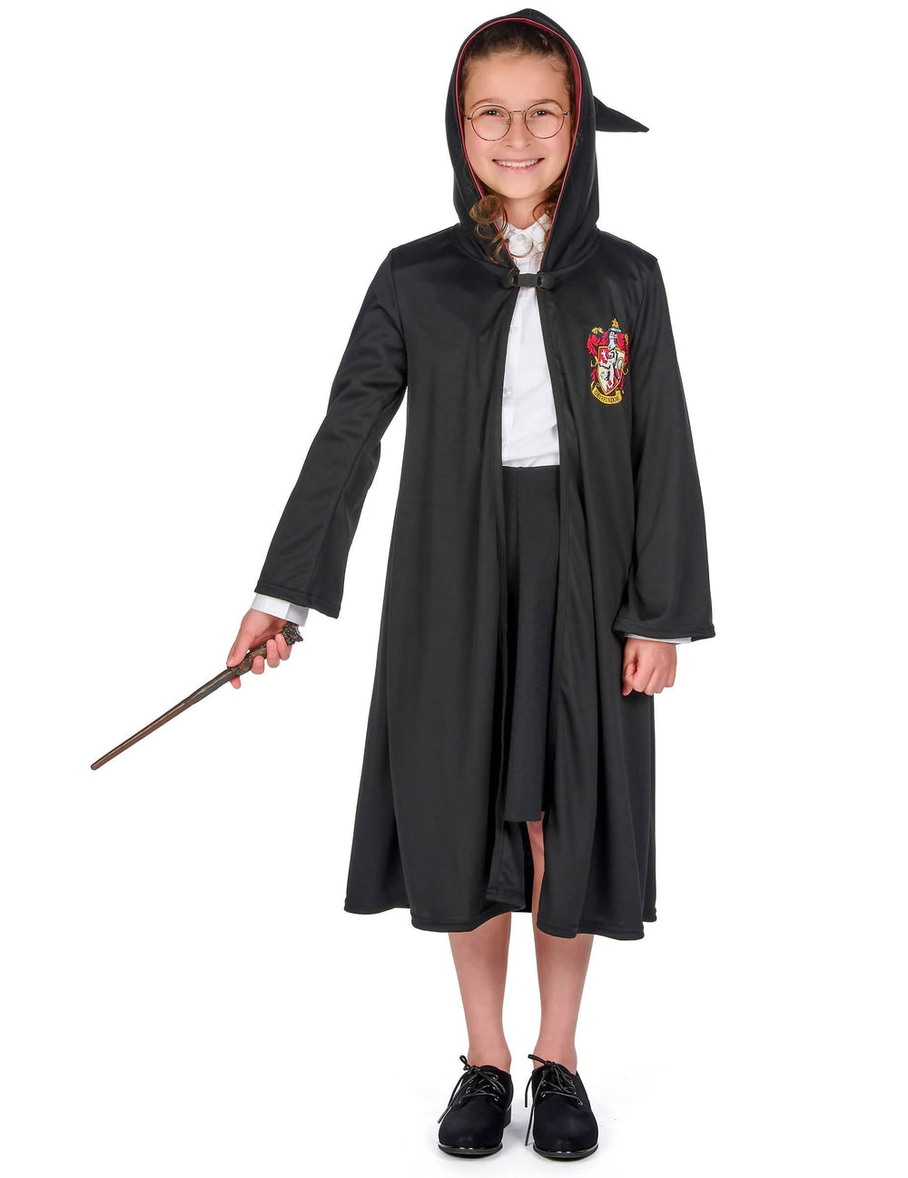 Pohľad s kapucňou, paličkou a okuliarmi luxusného kostýmu kúzelníckych hábitov Chrabromilu Harry Potter