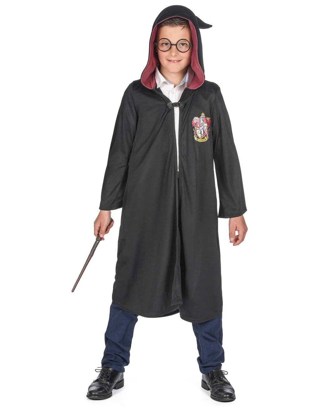 Pohľad s kapucňou a okuliarmi na luxusný kostým róby čarodejníka z Chrabromilu Harry Potter
