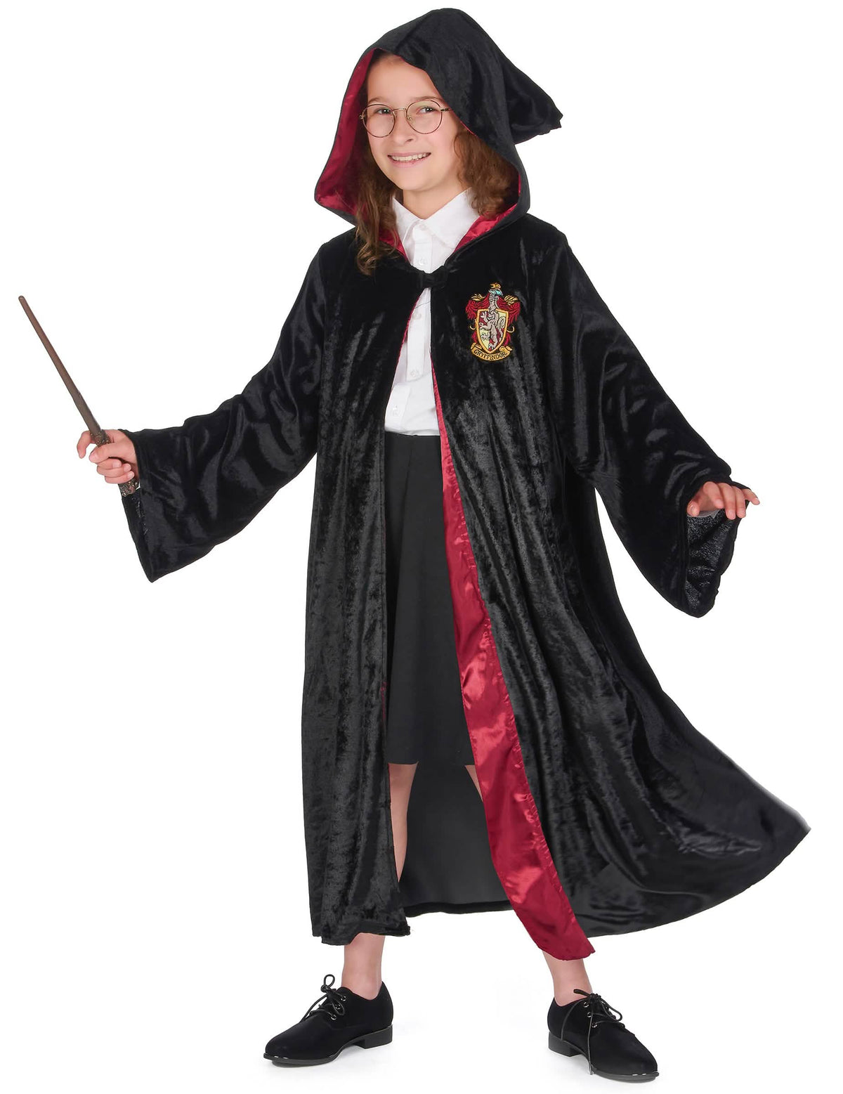 Pohľad s kapucňou a prútikom z luxusného kostýmu šiat Harry Potter pre dieťa