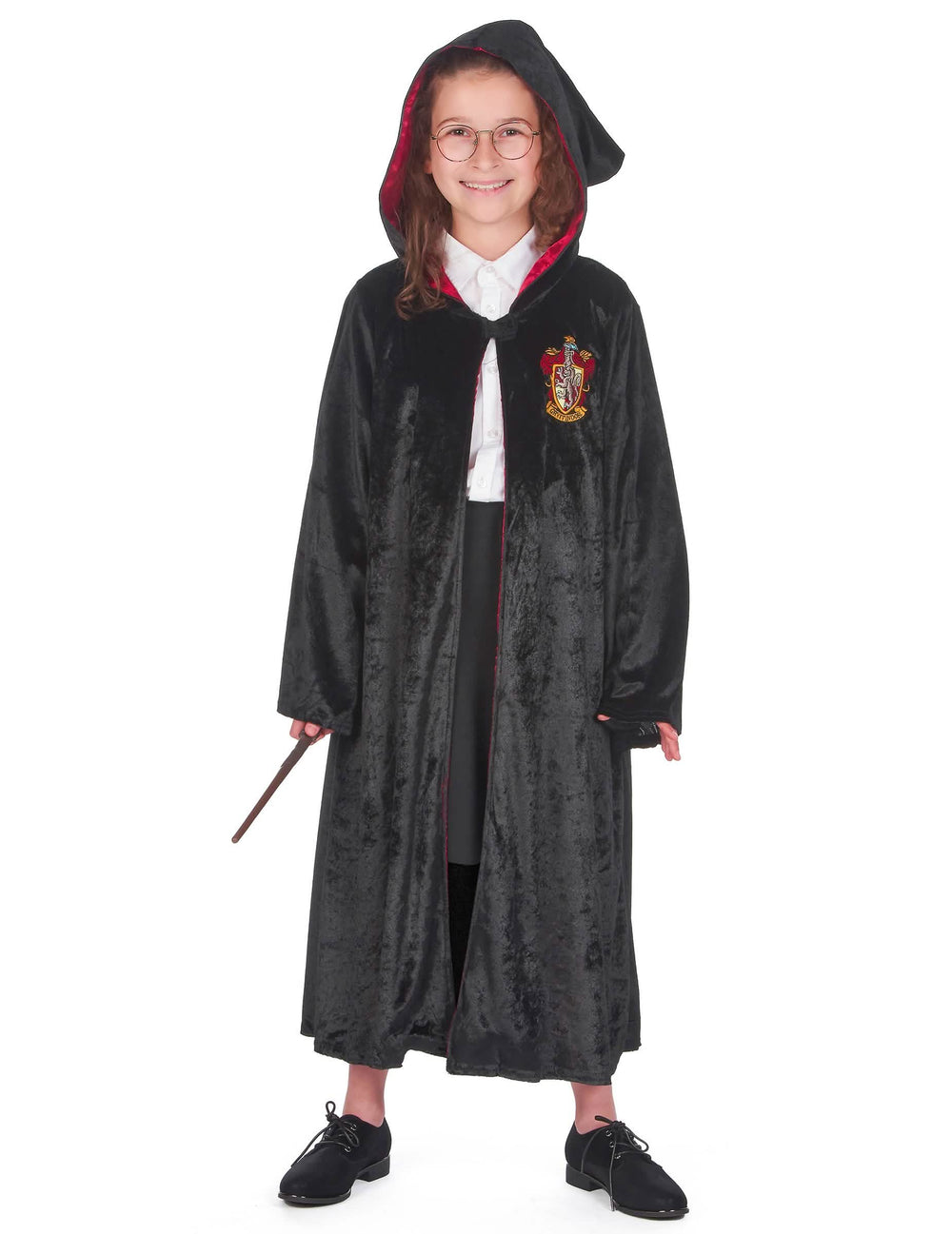 Pohľad spredu s nasadenou kapucňou luxusného kostýmu šiat Harry Potter pre dieťa