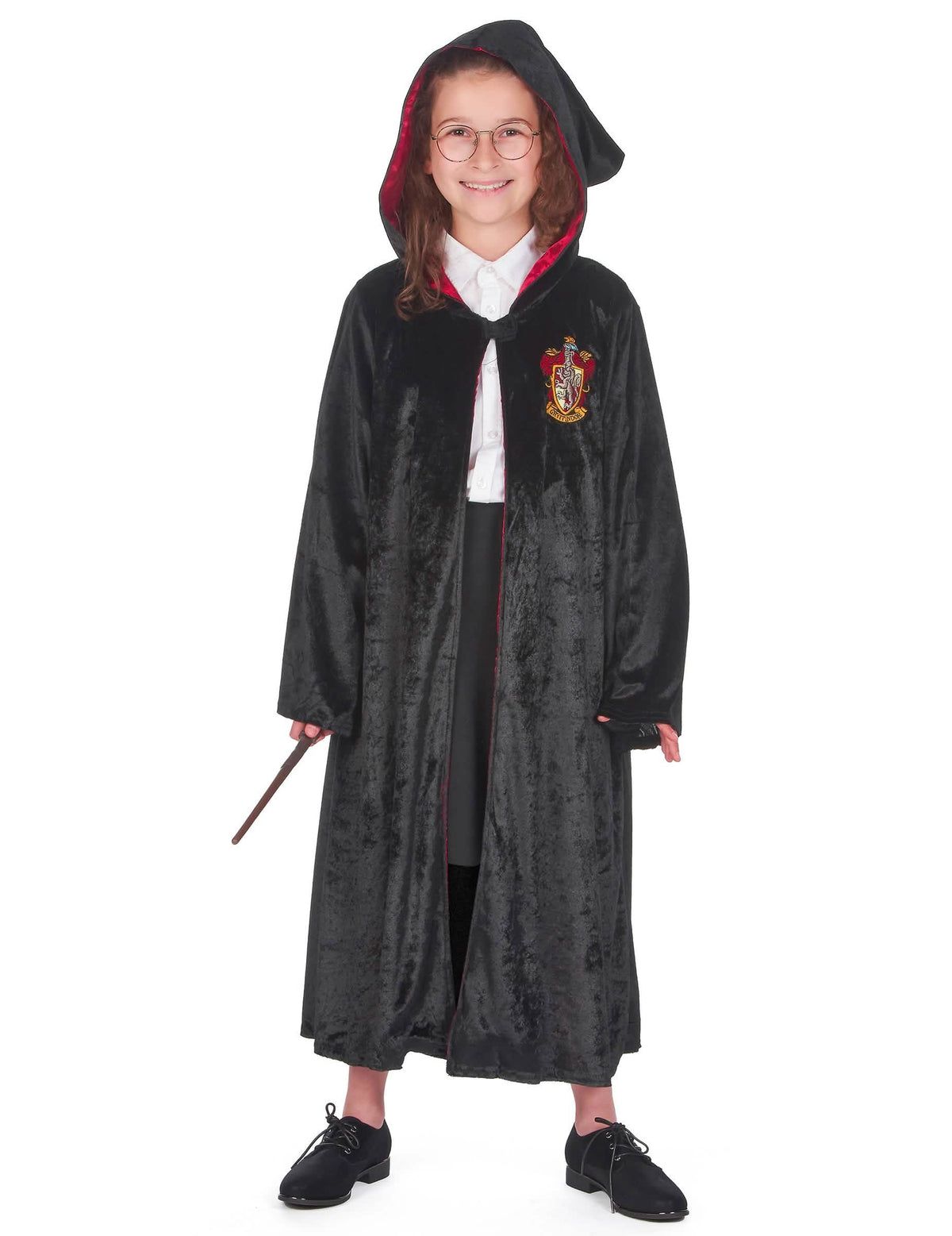 Pohľad spredu s nasadenou kapucňou luxusného kostýmu šiat Harry Potter pre dieťa