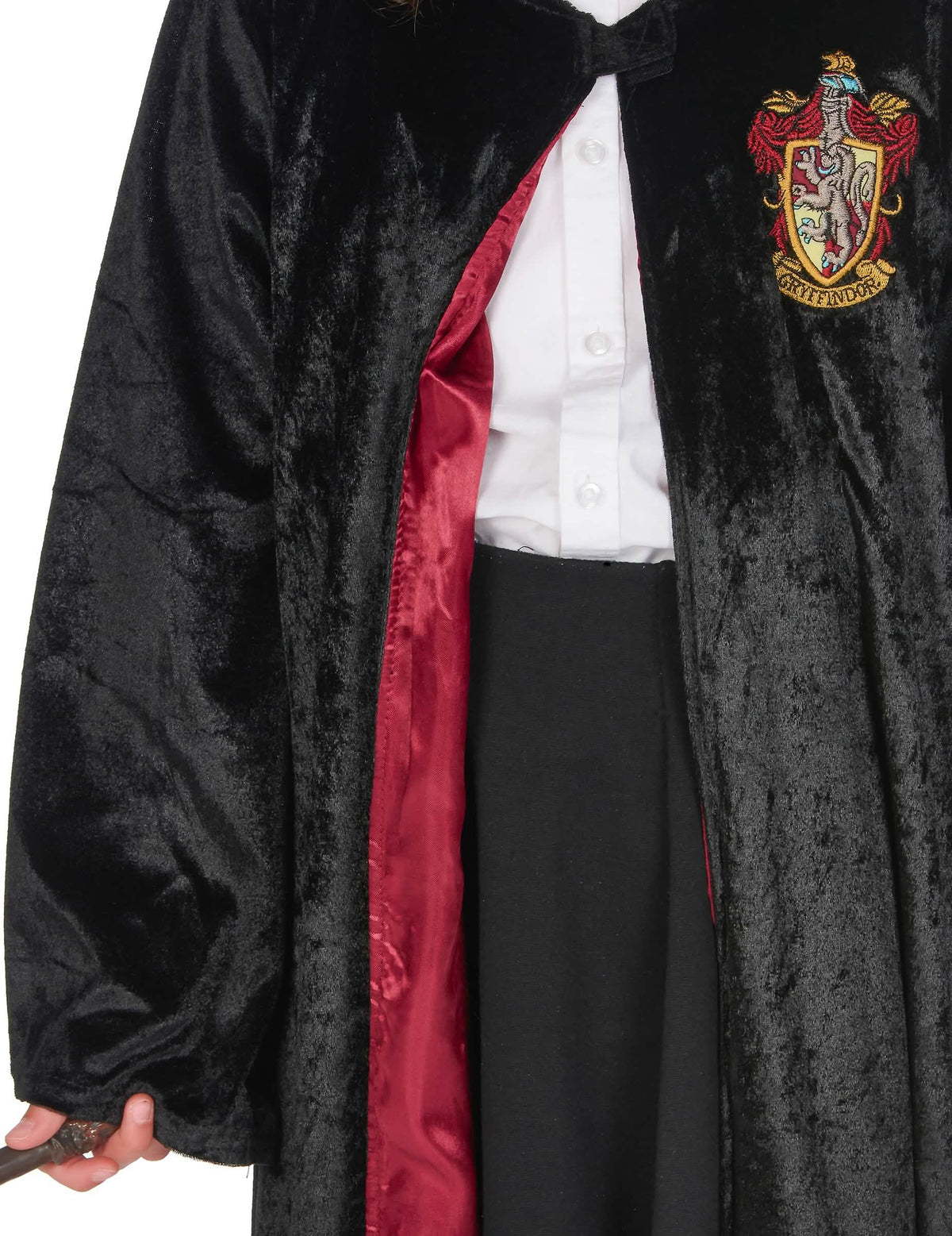 Detail na zamatú textúru a podšívku luxusného kostýmu Harry Potter robe