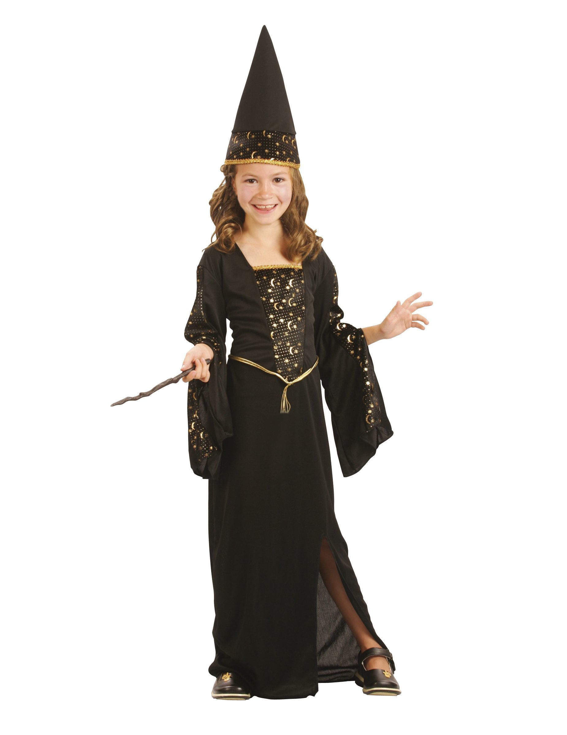 Kostým čarodejnice pre dievčatá v čiernej a zlatej farbe s špicatým klobúkom