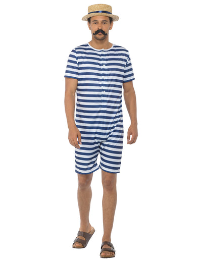 Déguisement maillot de bain rétro pour homme rayé bleu et blanc avec chapeau et moustache