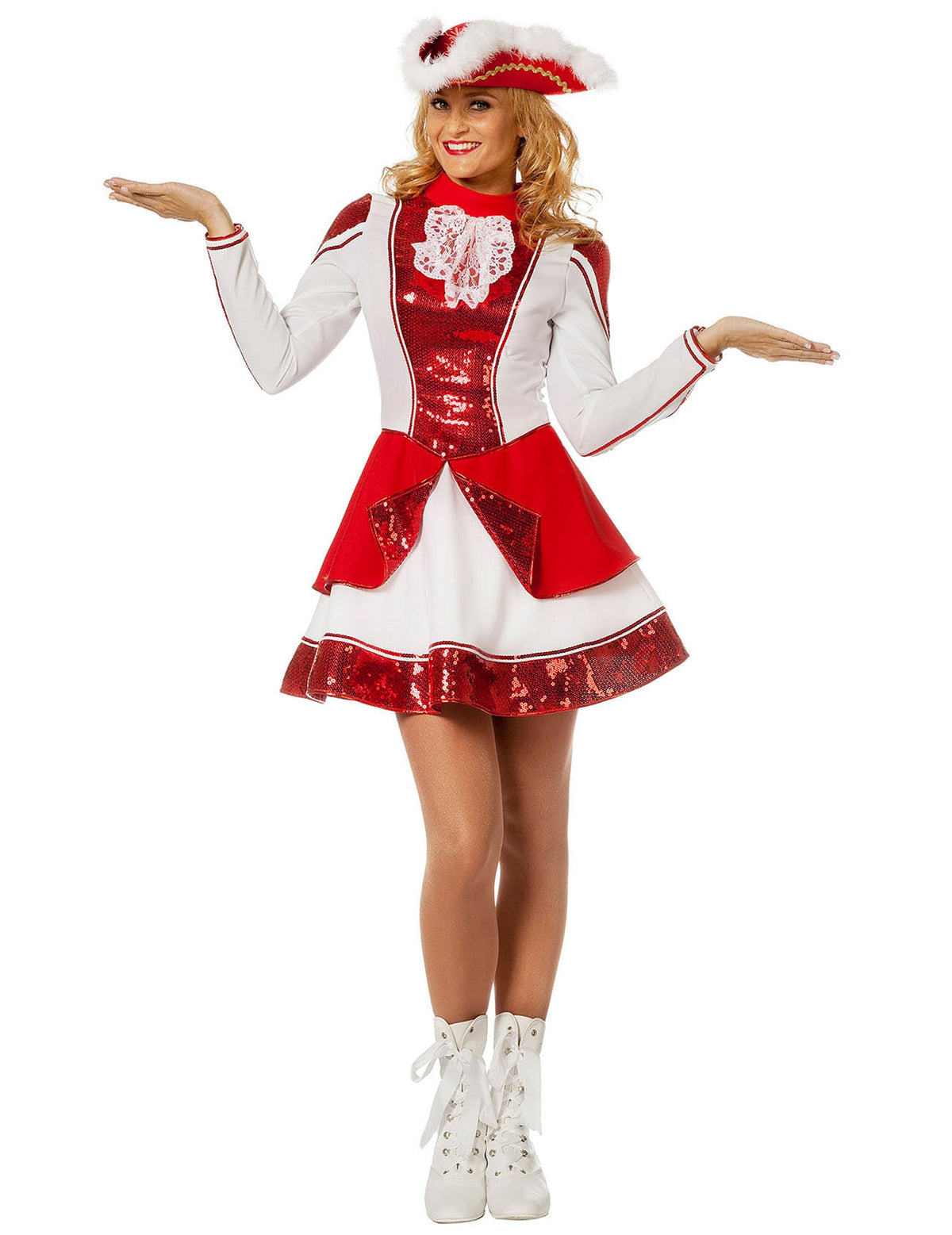 Déguisement de majorette pour femme rouge et blanc à paillettes avec chapeau