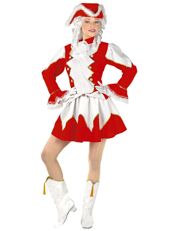 Dámsky kostým majoretky v červenej a bielej farbe s klobúkom