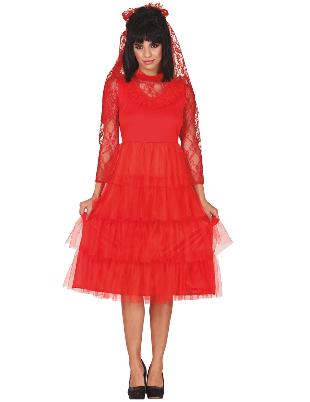 Déguisement de mariée pour femme rouge avec voile et dentelle