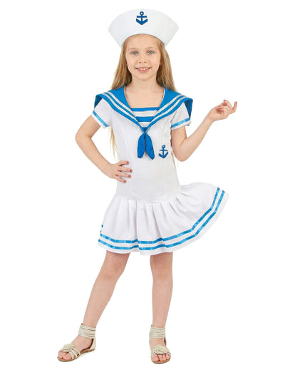 Déguisement de marin ancre pour fille blanc et bleu avec chapeau