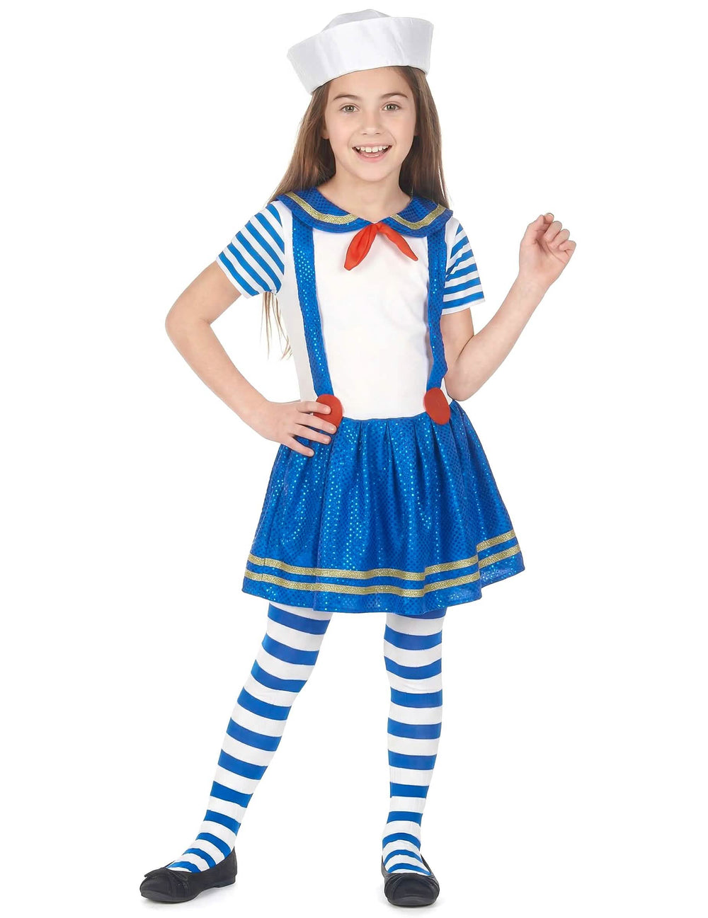 Lesklý námornícky kostým pre dievča modrá a biela s klobúkom