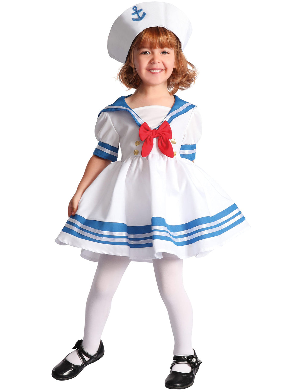 Déguisement de marin pour fille blanc et bleu avec noeud rouge et chapeau