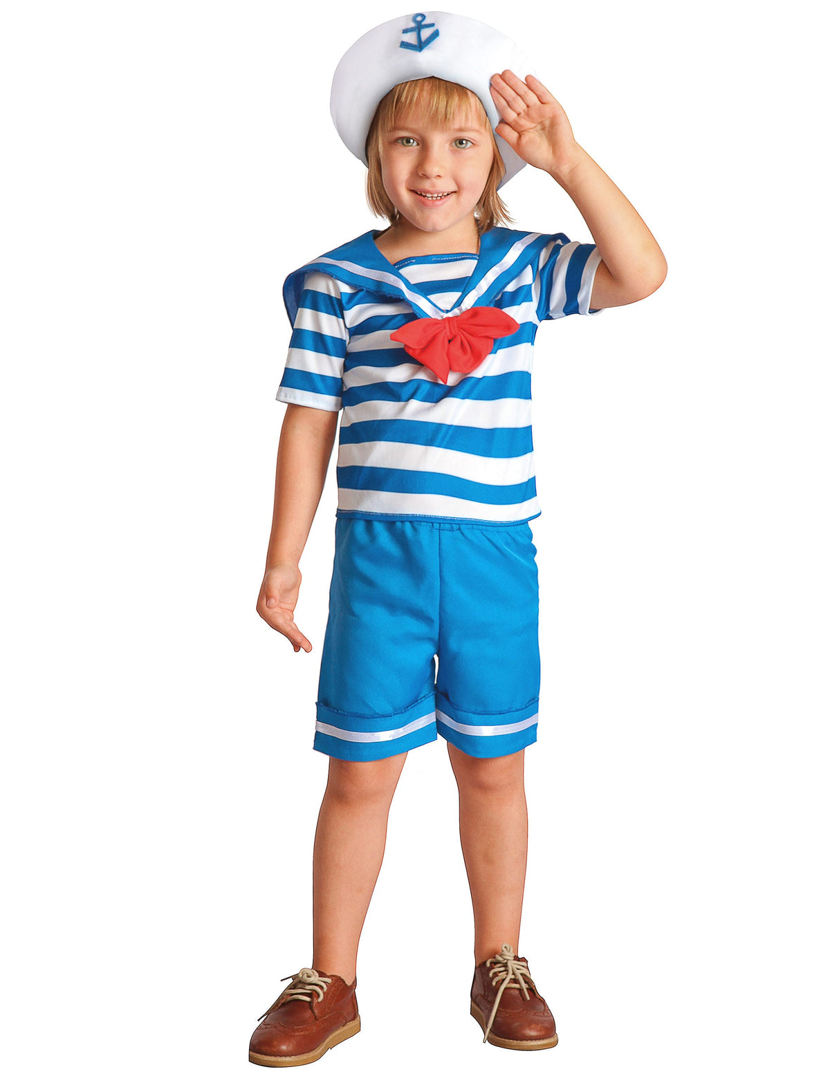 Déguisement de marin pour garçon bleu et blanc avec chapeau et nœud rouge