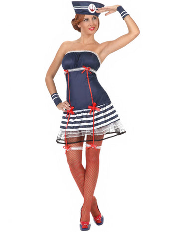 Déguisement marin sexy pour femme robe bustier bleu marine et blanc à nœuds rouges