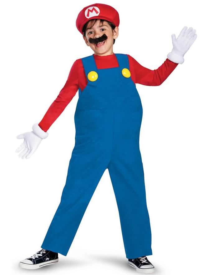 Kostým Mario Deluxe pre dieťa modrá a červená s čiapkou a rukavice