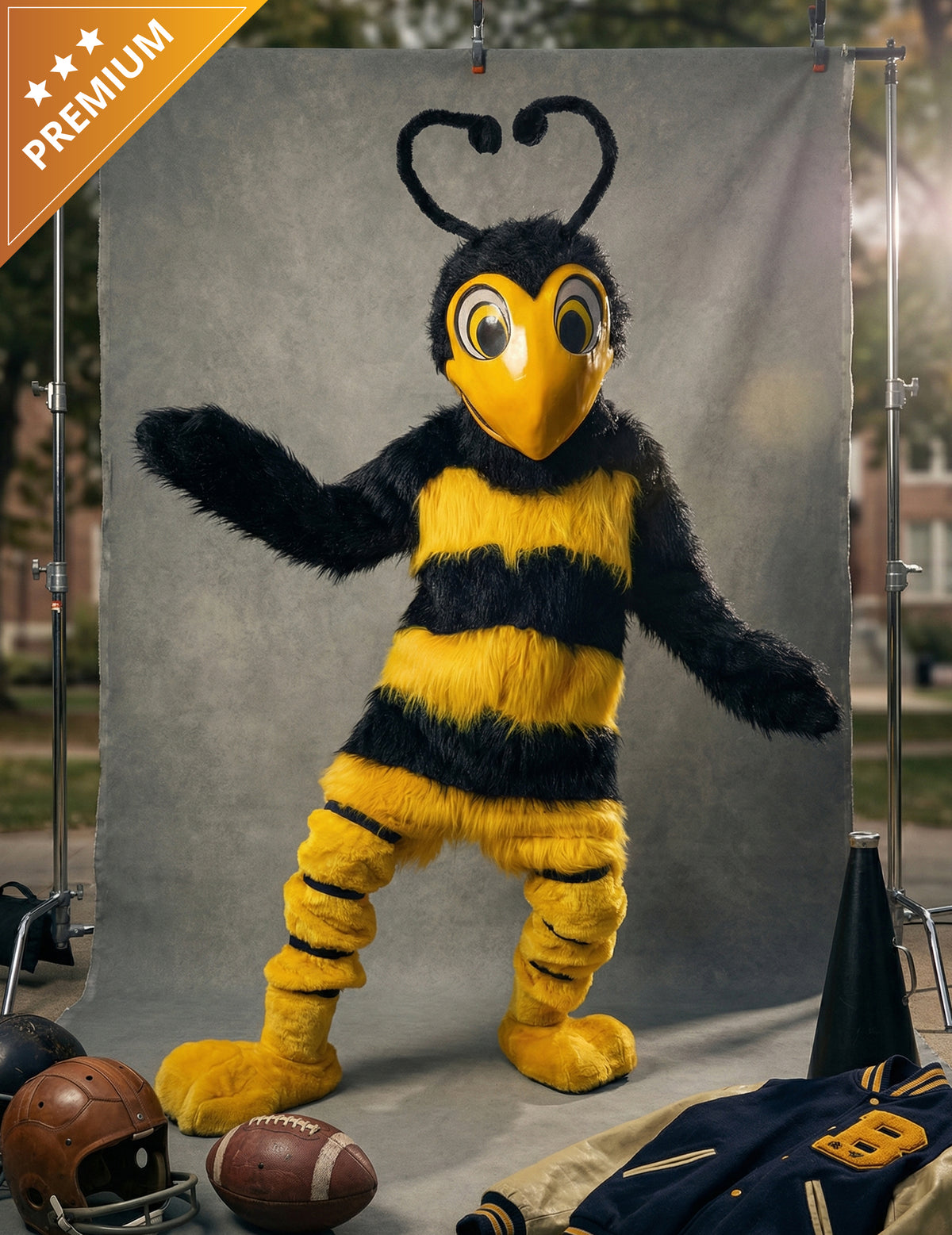 Déguisement mascotte abeille pour adulte jaune et noir en peluche