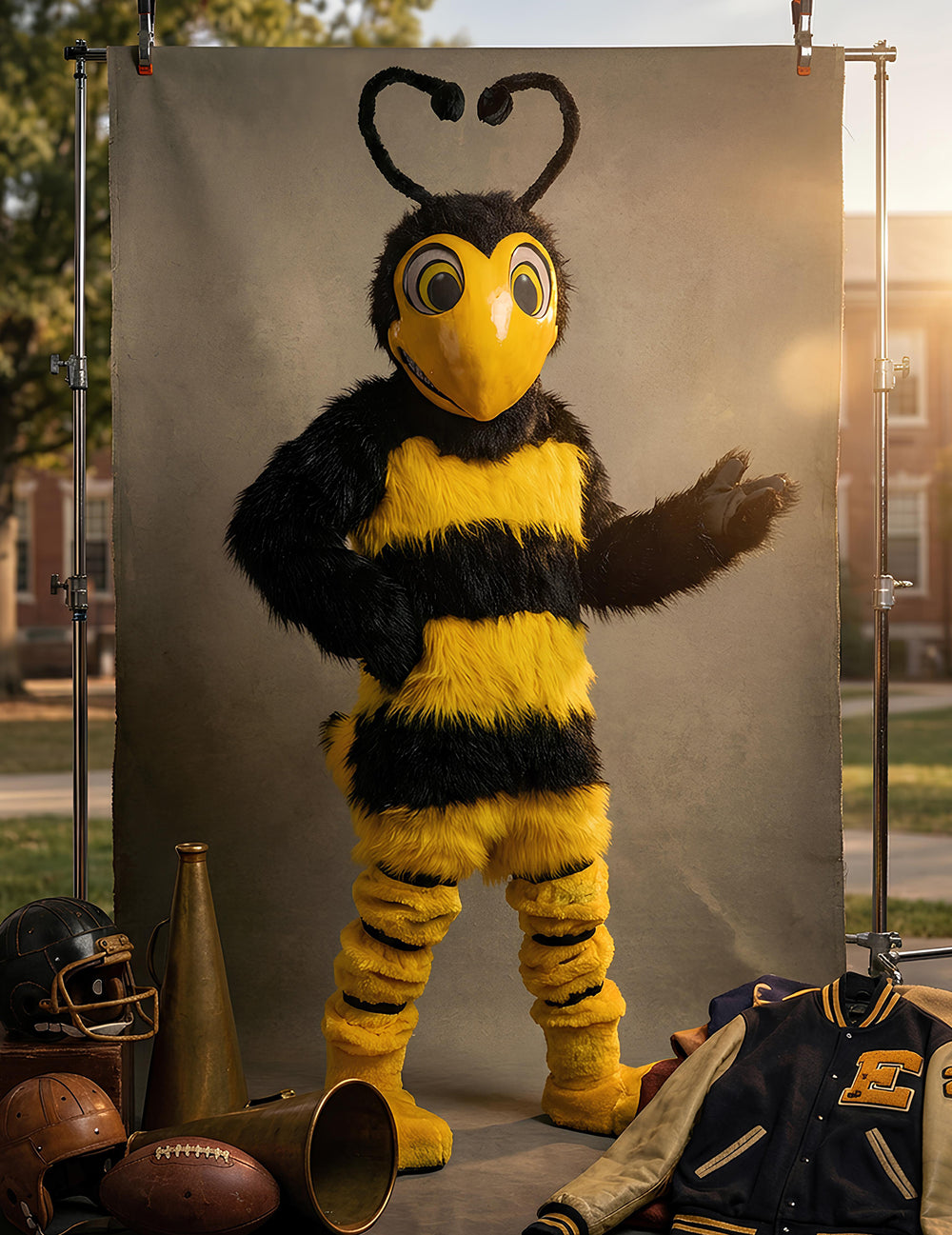 Mise en situation du déguisement mascotte abeille pour adulte